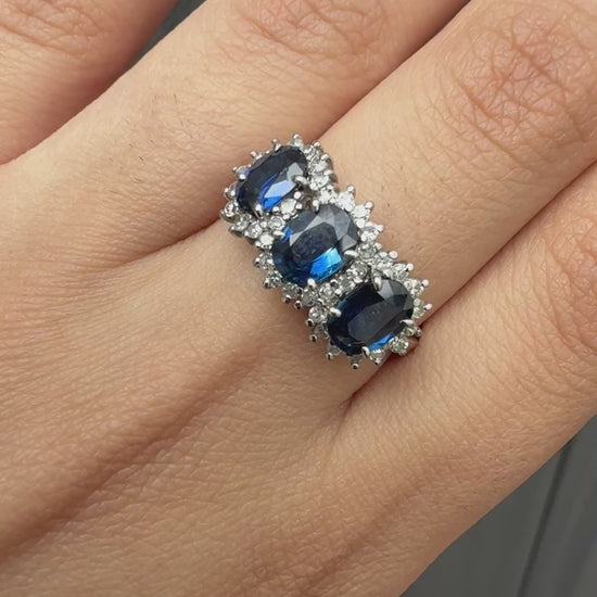 14K White Gold Ring 2.10ct Natural Blue Sapphires & 0.44ct Diamond Accent
