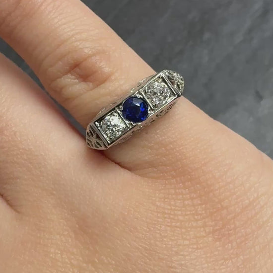 Beautiful Art Deco Period Diamond & Sapphire Ring With Old Euro Diamonds