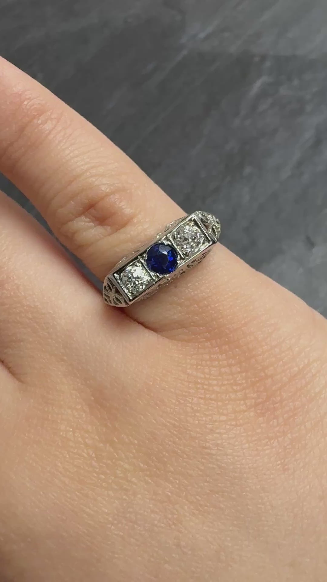 Beautiful Art Deco Period Diamond & Sapphire Ring With Old Euro Diamonds