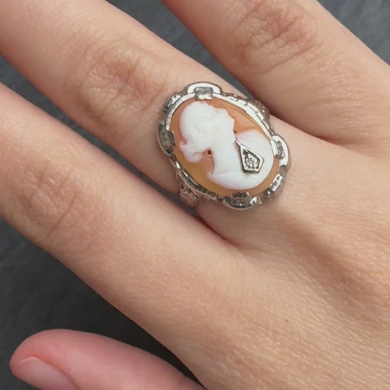Antique 14K White Gold Habille Diamond Lady Cameo Ornate Filigree Ring 7.25