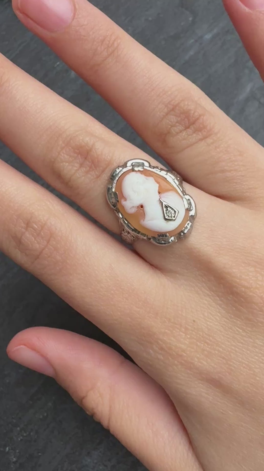 Antique 14K White Gold Habille Diamond Lady Cameo Ornate Filigree Ring 7.25
