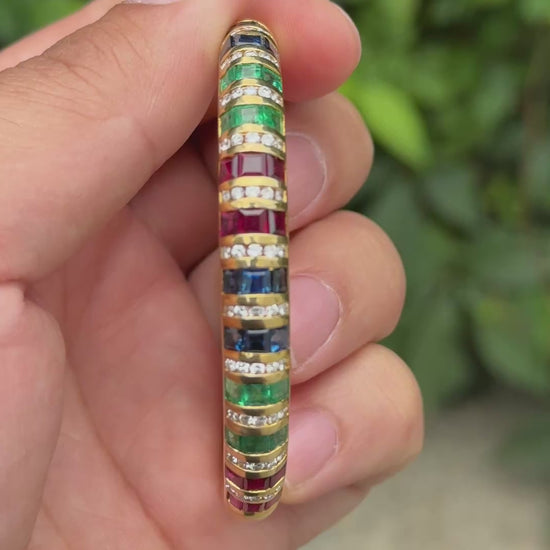 18K Yellow Gold Ruby, Sapphire, Emerald, Diamond Hinged Bangle Bracelet 9.00 TCW
