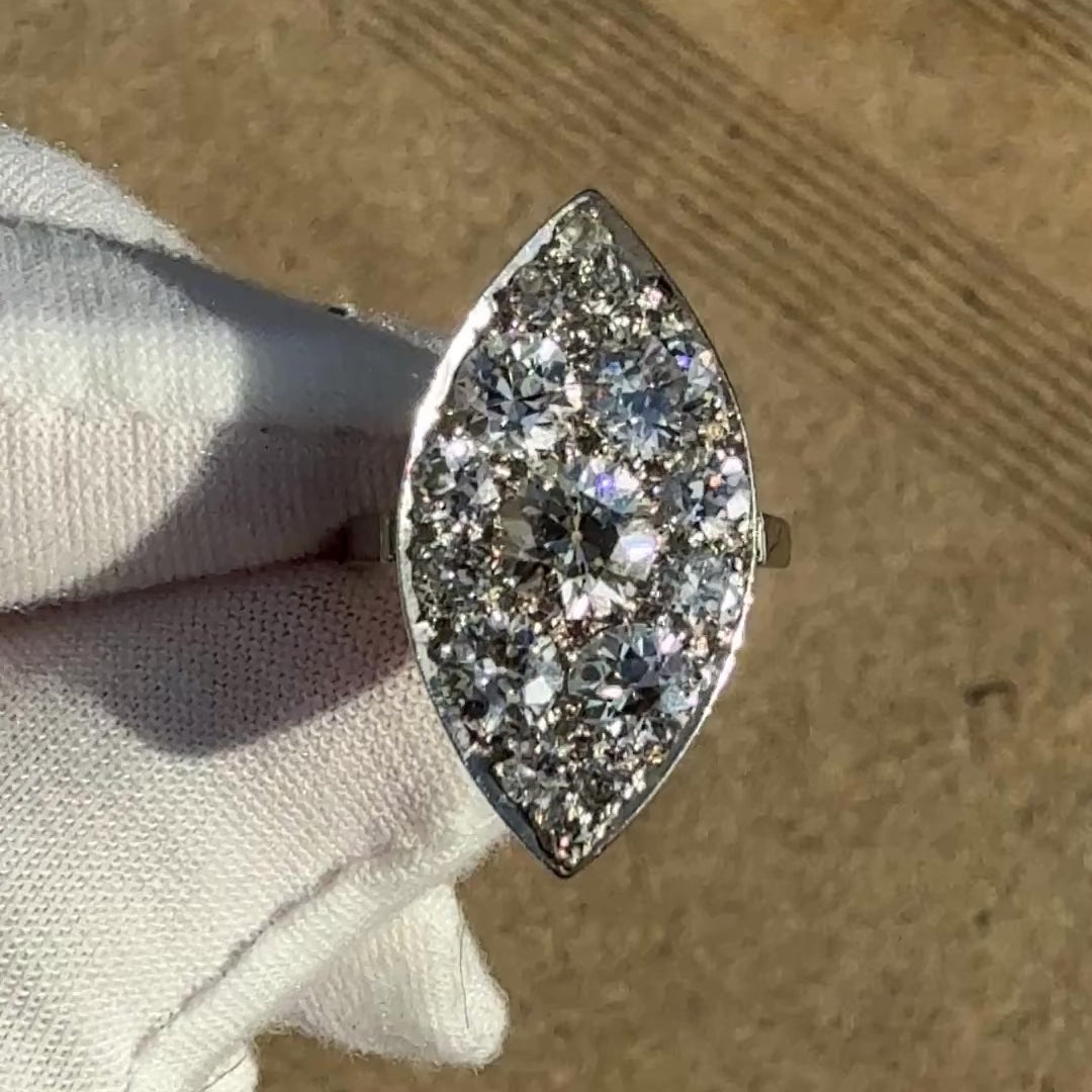 Art Deco 3.90ctw Navette Diamond Platinum Ring IGI Certified 7.46g Size 6.5