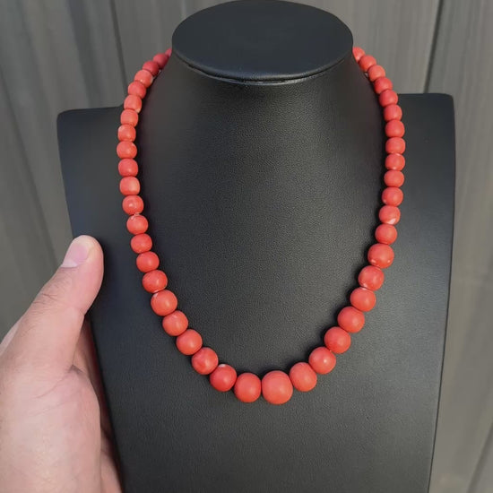 Japanese Momo Coral Bead Necklace with 14K Gold Clasp – 17.5”, 51.15g
