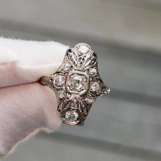 IGI Certified Art Deco 18K White Gold & Platinum Diamond Ring 0.90 CTW Size 7.25