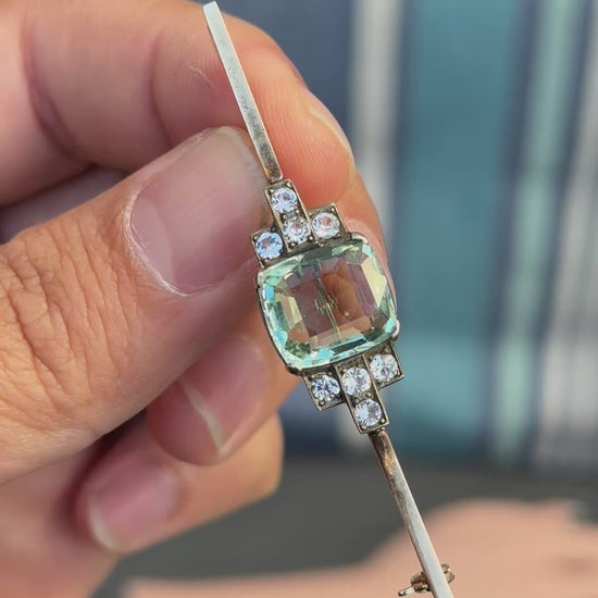 IGI Certified Antique Green Beryl & White Sapphire Bar Brooch 10K Gold & Silver