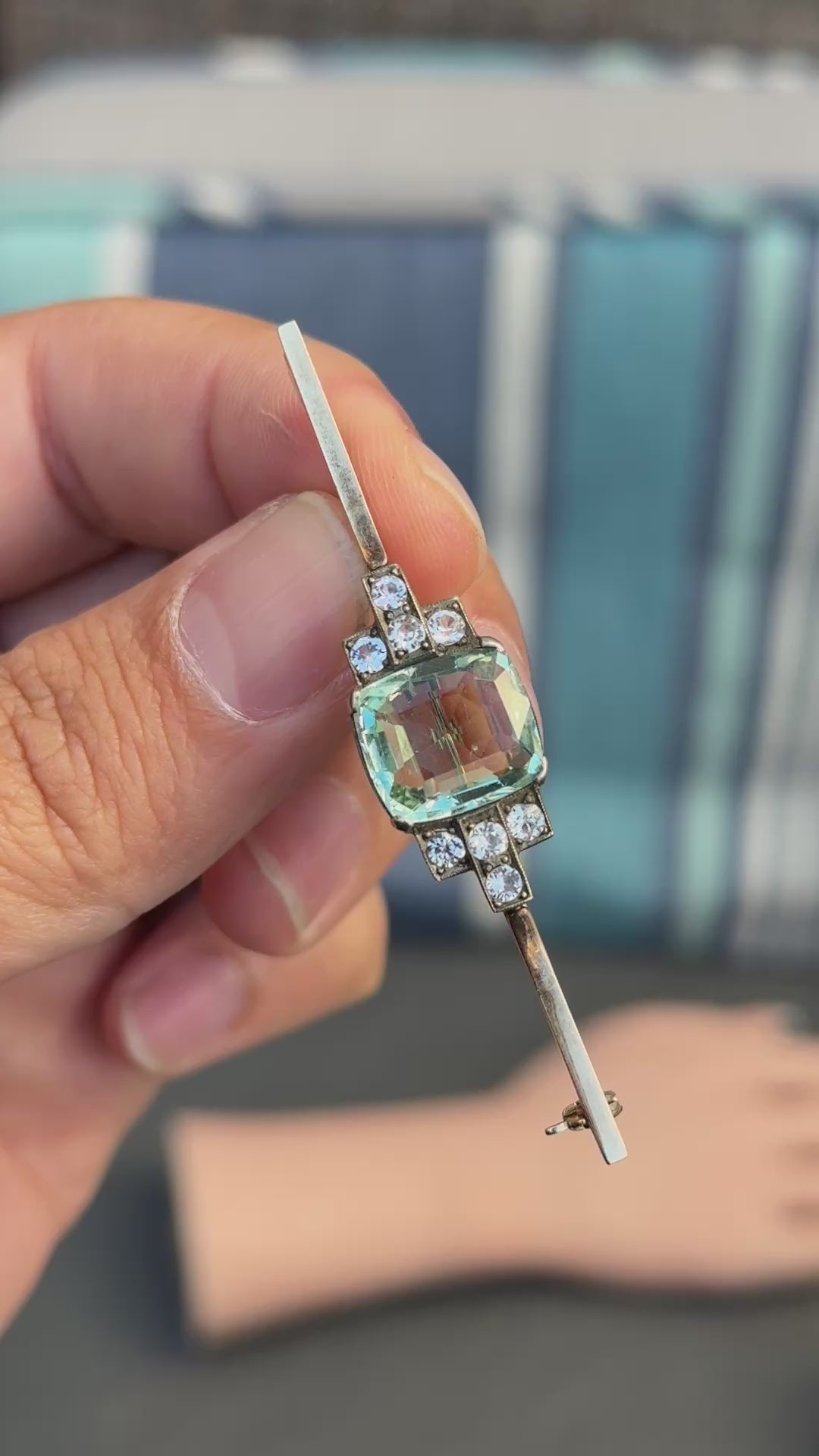 IGI Certified Antique Green Beryl & White Sapphire Bar Brooch 10K Gold & Silver