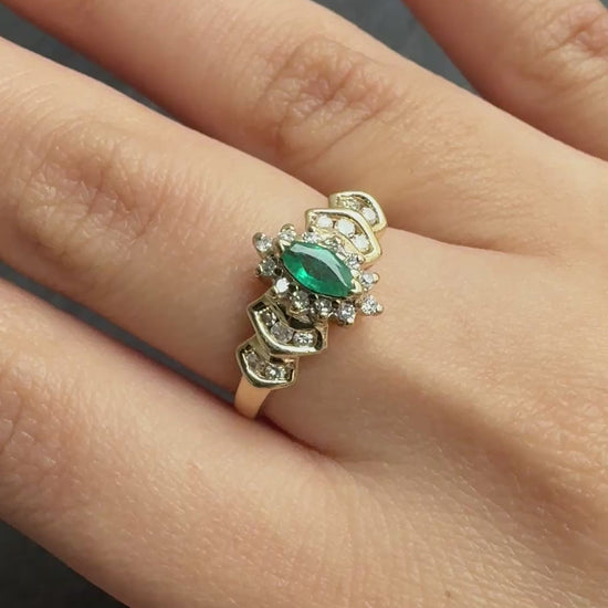 14K Yellow Gold Marquise Emerald & Diamond Ring – 3.21 Grams, Size 7.5