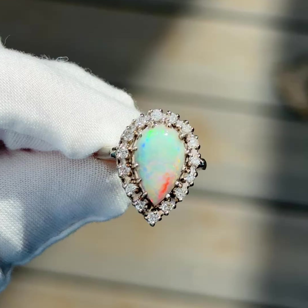 Vintage 14k White Gold Pear Opal & Diamond Halo Cocktail Ring Size 9