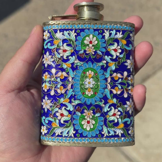 Amazing Antique Russian Enamel Silver Flask With Gorgeous Workmanship