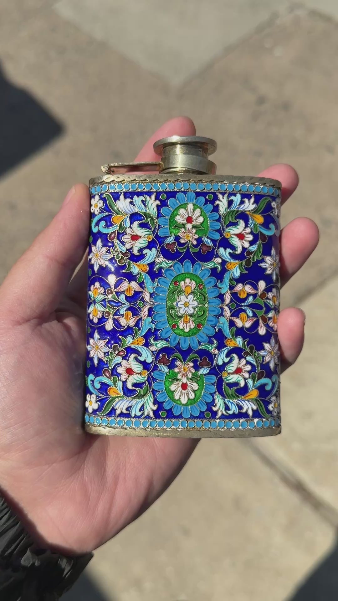 Amazing Antique Russian Enamel Silver Flask With Gorgeous Workmanship
