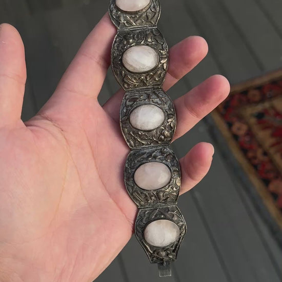 Fabulous Chinese Woven Silver Floral Rose Quartz Stone Bracelet