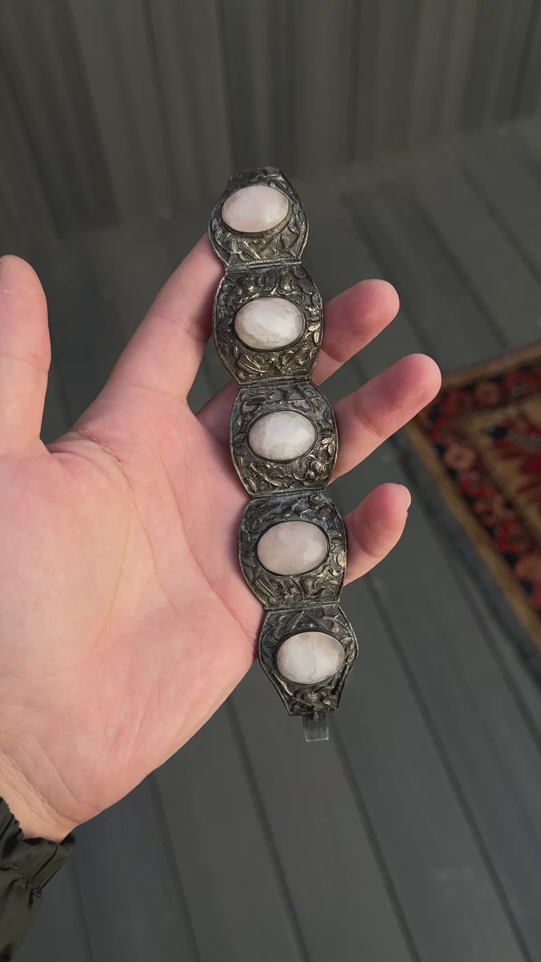Fabulous Chinese Woven Silver Floral Rose Quartz Stone Bracelet