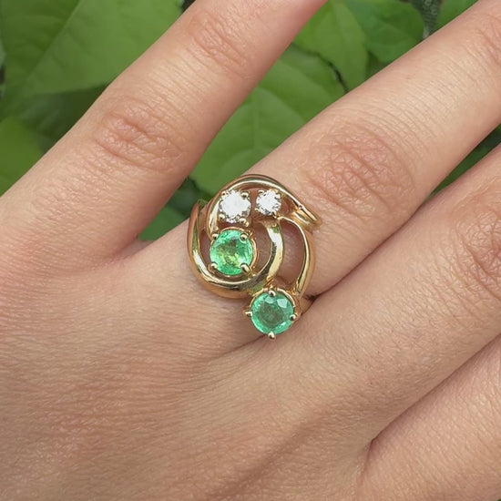 IGI Certified 14K Yellow Gold Ring with 0.70ct Natural Emeralds 0.25ct Diamonds