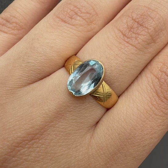 Antique 1800s 18K Yellow Gold Ring w/ Blue Lab-Grown Spinel – Oval Brilliant