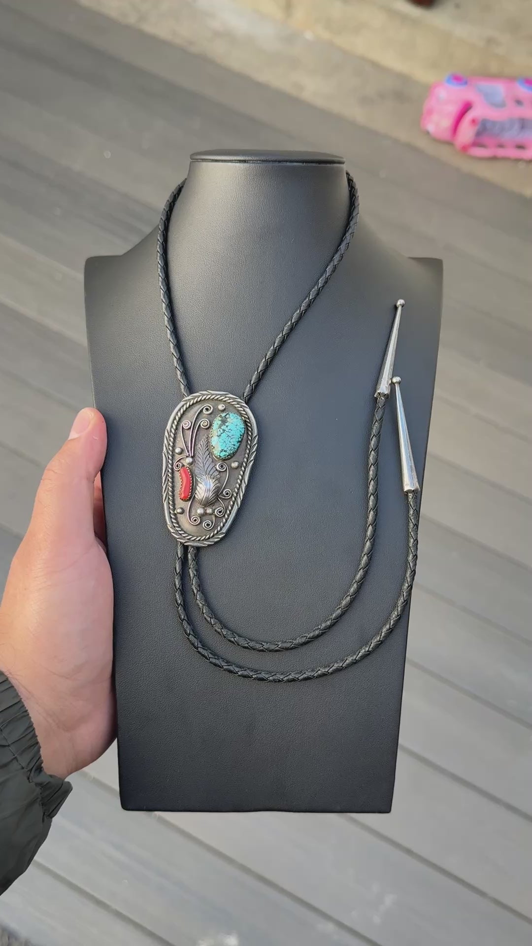 Vintage Navajo Sterling Silver Bolo Tie with Turquoise & Coral