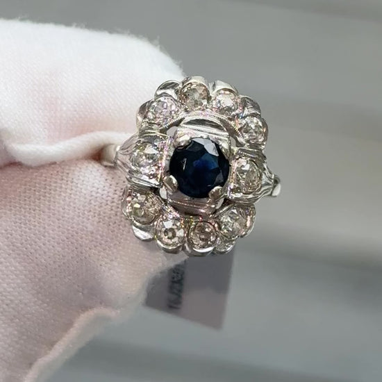 IGI Certified Art Deco 14K White Gold Sapphire & Diamond Ring 1.60 CTW Size 3.75