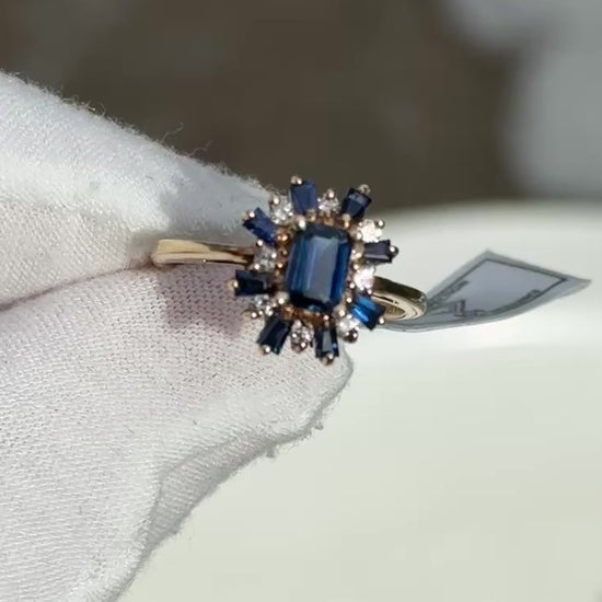 IGI Certified 14K Yellow Gold Sapphire & Diamond Cluster Ring 1.35 CTW Size 7.5