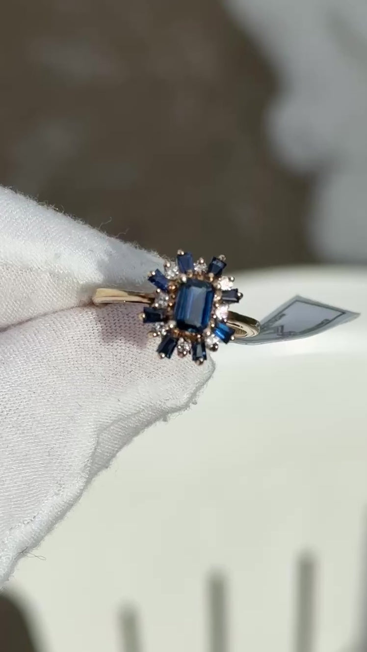 IGI Certified 14K Yellow Gold Sapphire & Diamond Cluster Ring 1.35 CTW Size 7.5