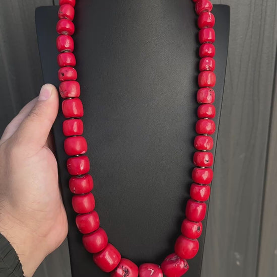 Red Coral Beaded Necklace Bamboo Coral Dyed 269.13 Grams