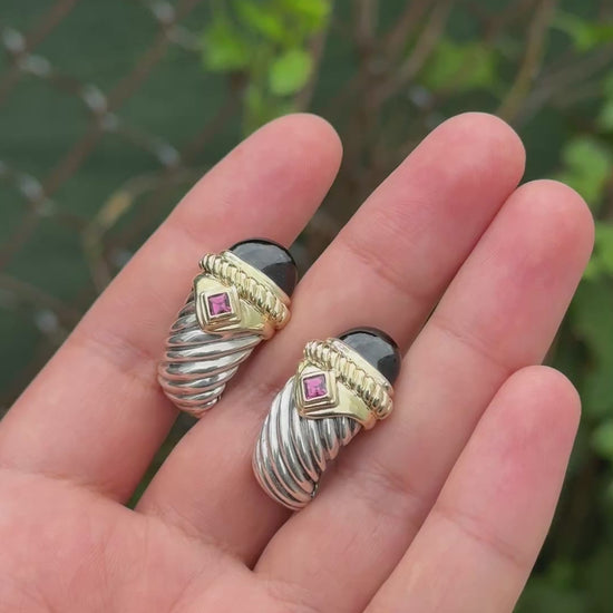 David Yurman Sterling Silver 14K Gold Cable Earrings Onyx & Pink Tourmaline