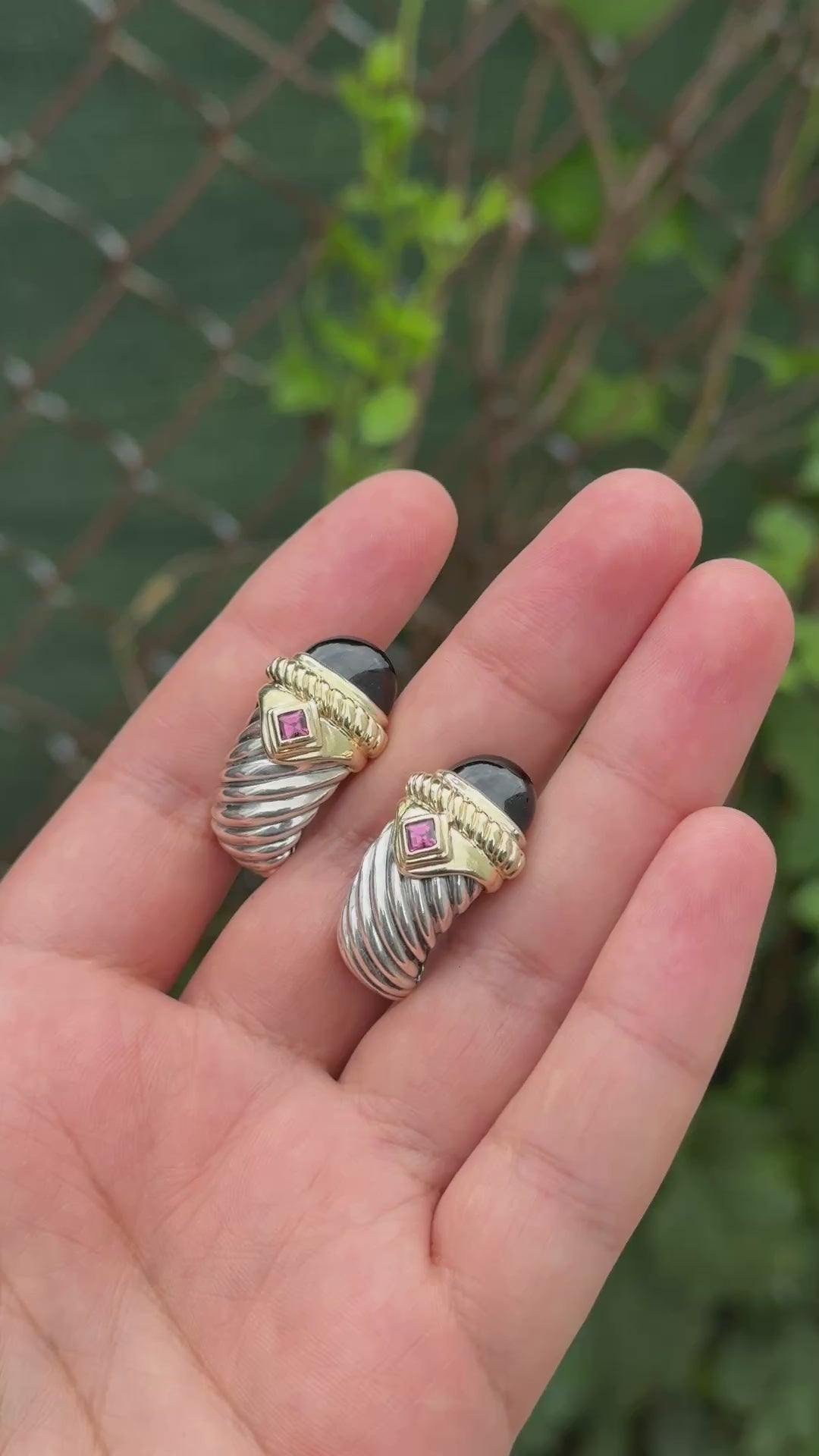 David Yurman Sterling Silver 14K Gold Cable Earrings Onyx & Pink Tourmaline