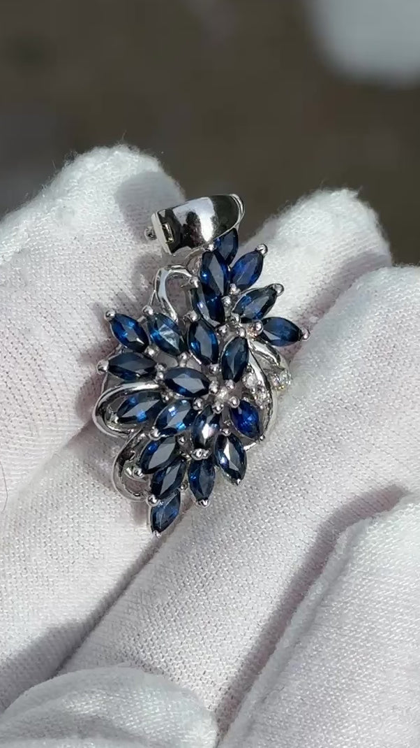 IGI Certified 14K White Gold Sapphire & Diamond Pendant 3.15 CTW Floral Design