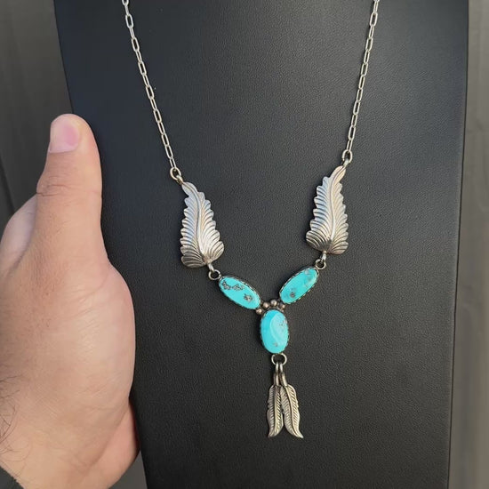 Superb Sterling Silver Native American Navajo Feather Turquoise Necklace