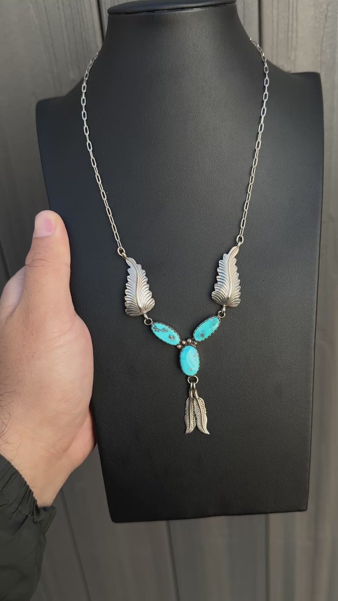 Superb Sterling Silver Native American Navajo Feather Turquoise Necklace