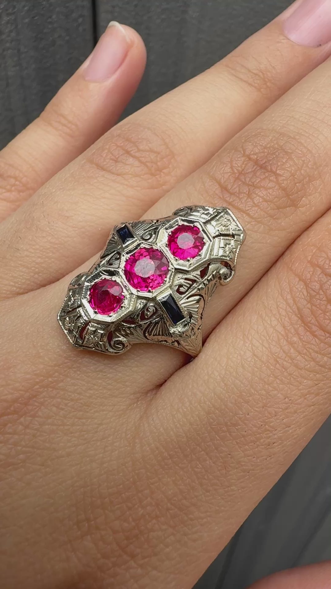 18K White Gold Ruby & Sapphire Ring Art Deco Period IGI Certified Ring Size 9.25