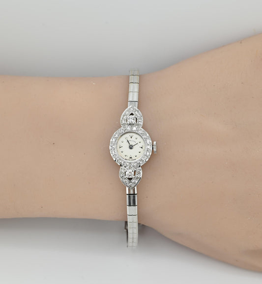 Exquisite Art Deco 14K White Gold & Diamond Ladies Cocktail Watch